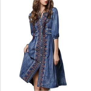 Keer Qiaowa Bohemian Cross Stitch Button Down Denim Knee Length Dress